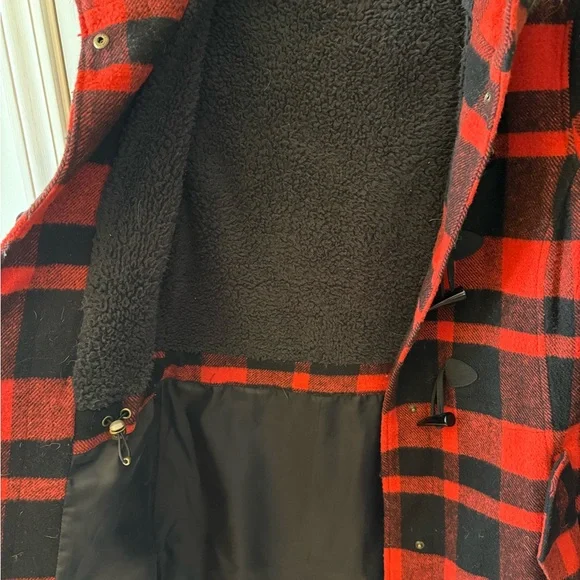 L.L. Bean Red and Black Plaid Wool Parka with Faux Fur Hood - Picture 5 of 10